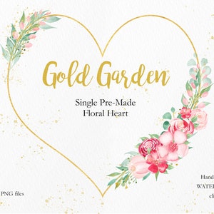 Floral Leaf Watercolor Heart Wreath Clipart, Greenery Geometric Gold Frame, Greenery Frames Clip Art, Wedding DIY, Instant Download, BGD