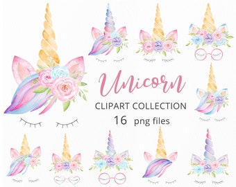Unicorn Clipart, Unicorn Birthday Watercolor Clipart, Unicorn PNG Cute Clipart, Watercolor Unicorn Fairy Clipart, Baby Shower Clipart. C035
