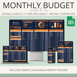 May include: A digital monthly budget template displayed on a laptop, desktop monitor, tablet, and smartphone. The template features a dark blue and orange color scheme with charts and tables for financial tracking. Text includes "MONTHLY BUDGET" and "GOOGLE SHEETS".