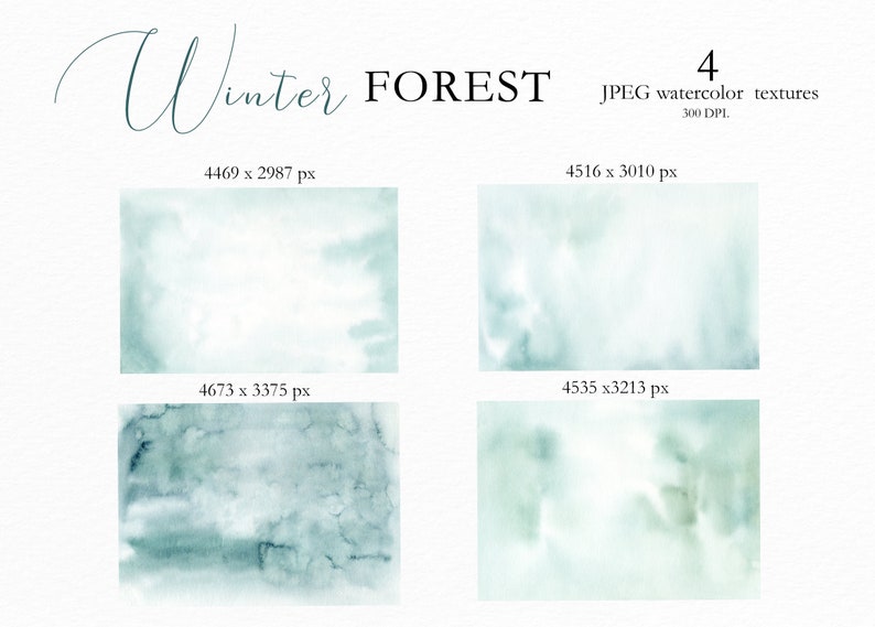 May include: Four JPEG watercolour textures with a winter forest theme. The textures are in shades of teal and white, with varying levels of detail and opacity. The image includes the text "Winter FOREST" and the dimensions of each texture.