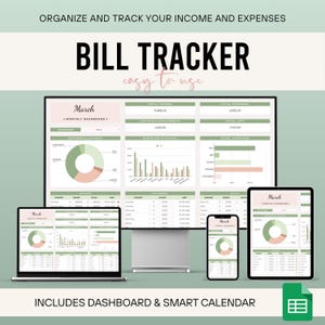 May include: A digital bill tracker displayed on a laptop, desktop monitor, tablet, and smartphone. The text "BILL TRACKER easy to use" is prominent. The screens show charts and graphs with the text "March" and "INCLUDES DASHBOARD & SMART CALENDAR".