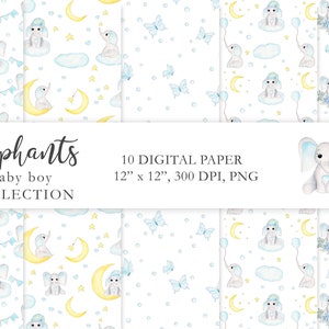 Papier numérique Aquarelle Bébé Garçon Éléphant, Pack de papier pour bébé, Papier peint et illustrations de la chambre d’enfant, Album de douche pour bébé, Tissu pour enfants. PEL