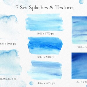 May include: Seven watercolor textures in shades of blue, perfect for adding a touch of the ocean to your designs. The textures range in size from 2270 x 2638 pixels to 4065 x 2270 pixels.