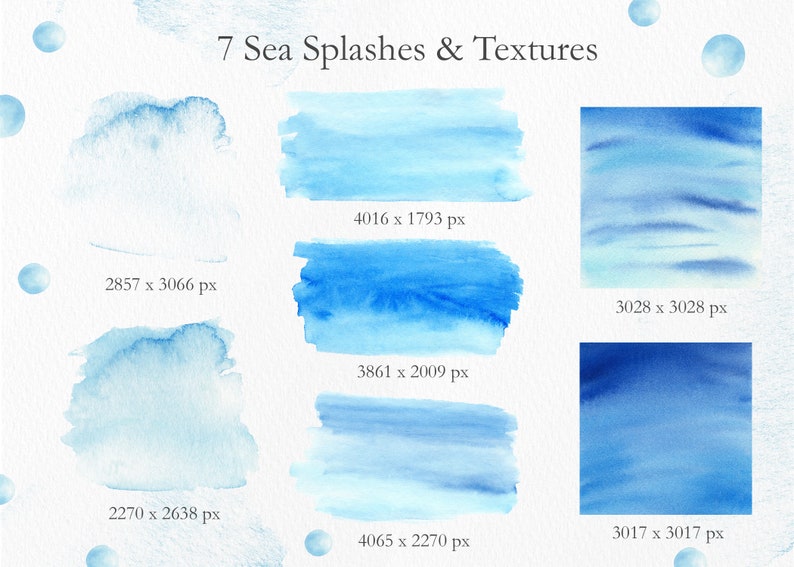 May include: Seven watercolor textures in shades of blue, perfect for adding a touch of the ocean to your designs. The textures range in size from 2270 x 2638 pixels to 4065 x 2270 pixels.
