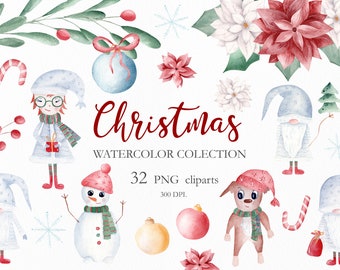 Christmas PNG Watercolor Clipart Set, 32 Holiday Clipart, Christmas Gnomes Clip Art, Snowman PNG, Christmas Stickers Clipart. C017