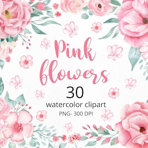 Fiori rosa acquerello e foglie verdi, clip art invito a nozze, 30 elementi floreali clipart, illustrazione botanica PNG