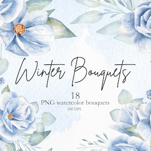 Arreglo floral azul de invierno. 18 ramos de flores png separados, imágenes prediseñadas de bricolaje para invitación de boda, tarjeta de felicitación y pegatina del planificador. FMB