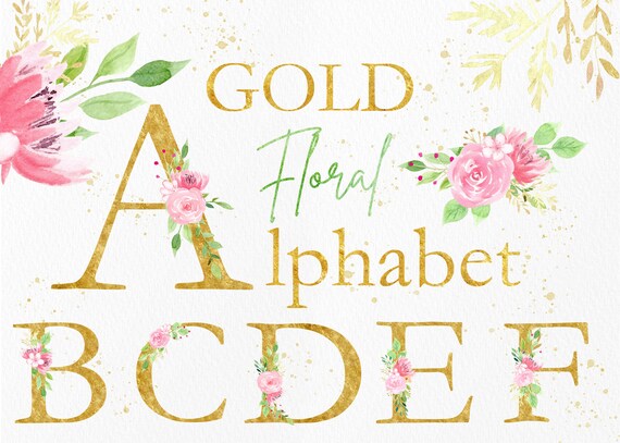 Download Floral Gold Watercolor Alphabet Clipart Pink Floral Letters Etsy