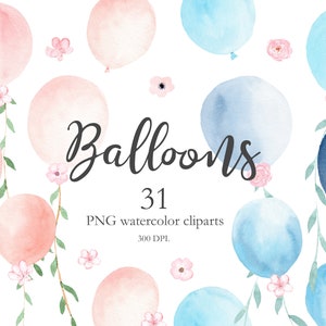 Aquarell Pastell Ballons, Blumen & Grün. Set von 31 hochwertigen handbemalten pastellfarbenen Luftballons, Blumen, Grünelementen. C018
