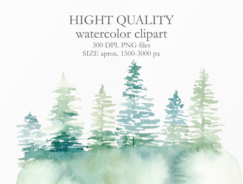 May include: A watercolour illustration of a forest scene featuring evergreen trees in shades of green and blue. The image includes the text "HIGH QUALITY watercolor clipart" and file details.