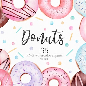 Watercolor Donuts Clipart, Sweet Bakery Food Clipart, Donut Birthday Party Clip Art, Summer Clipart for Baby Shower, Instant Download. C008