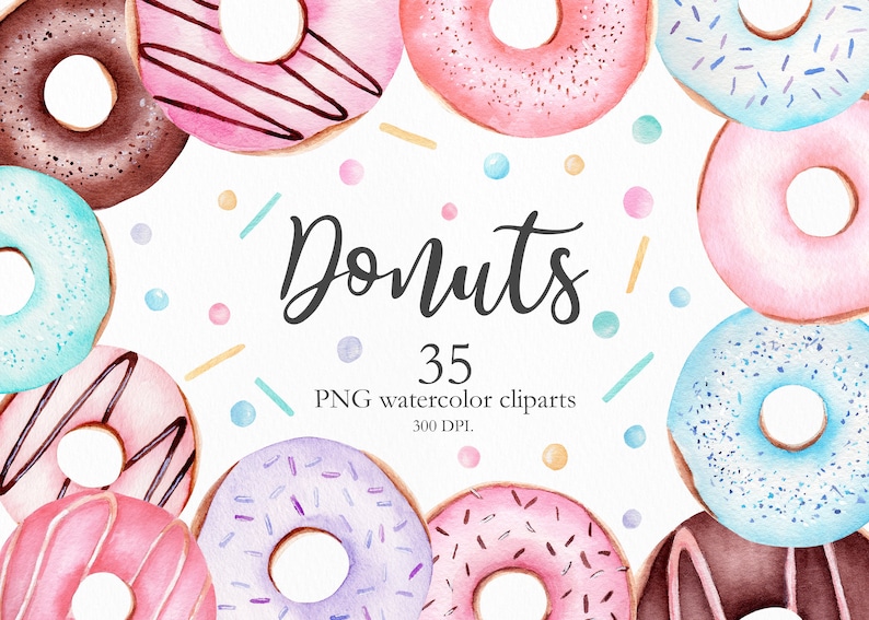 May include: A collection of 35 watercolor donut illustrations in various colors and designs. The donuts are decorated with sprinkles, chocolate, and frosting. The text "Donuts 35 PNG watercolor clipart 300 DPI." is displayed in the center of the image.