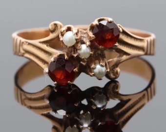 1800s Romance -  14K Rose Gold Garnet and Pearl Ring