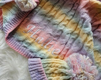 Personalized Rainbow Baby Blanket: Pastel Cable Knit, Embroidered Name