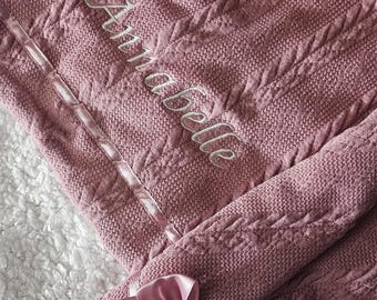 PERSONALISED BABY BLANKET -  Baby Blanket, Satin Bow, Cable Knit, Baby Gift, Personalised Baby Gift, Baby shower gifts, Baby Gift