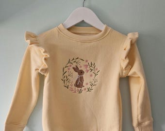 Children's Easter Sweatshirt: Embroidered Bunny Top with Ruffle Detail