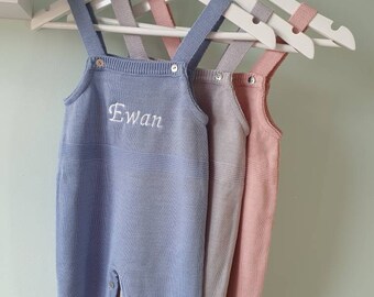 PERSONALISED BABY GIFT - Knitted dungarees - Dusty Blue - Boy Gift - Baby Girl Gift - Baby Shower Gift - Christening Gift - Newborn Gift