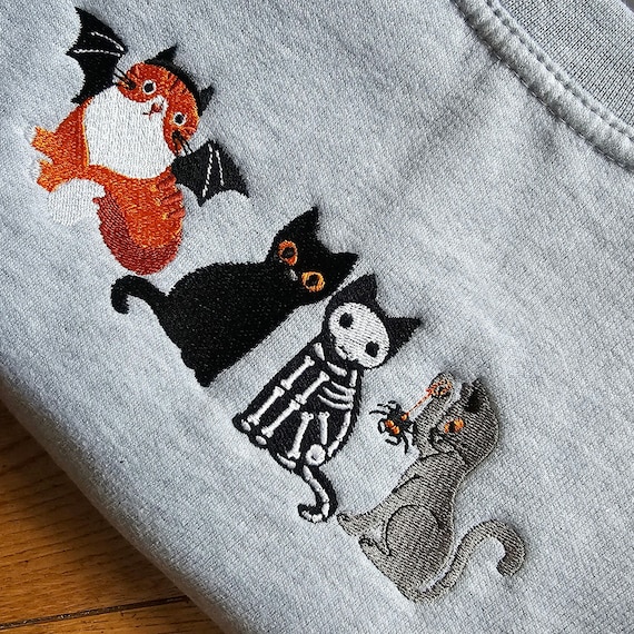Halloween Cats Embroidered Sweatshirt: Spooky Cat Crewneck