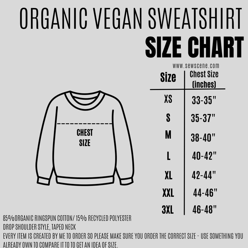 Op de afbeelding: Maattabel voor een biologisch veganistisch sweatshirt met een zwart-witte illustratie van een sweatshirt. De tabel toont maten XS tot en met 3XL met de bijbehorende borstmaten in inches.