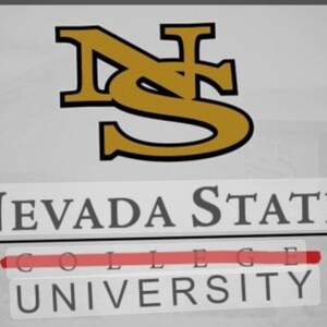 May include: Nevada State College University logo with the letters "NS" in gold with a black outline. The letters are on a gray background with the words "Nevada State College University" in black text.