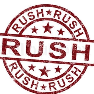 May include: Red rubber stamp with the word "RUSH" in large letters and the word "RUSH" repeated four times around the perimeter of the stamp.