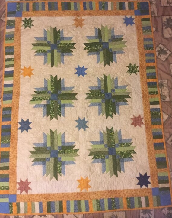 Green And Blue Log Cabin Star Throw Quilt Etsy