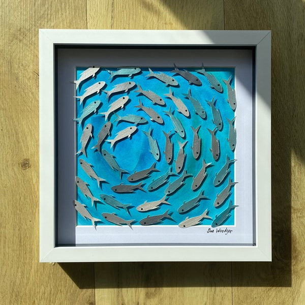 Schwarmfisch unikat 3D Kunstwerk/ Fischbild/ gemalter Fisch Wandbehang/ blauer Wandbehang/ Acrylmalerei Fisch/ Badezimmer Deko