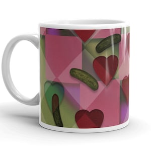 Pickle Mug, Valentine Mug, Heart Mug, Heart and Pickle Mug, Pickle and Heart Pattern Mug, 11 oz ceramic pink and green mug image 1