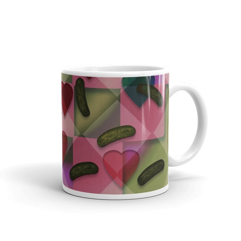 Pickle Mug, Valentine Mug, Heart Mug, Heart and Pickle Mug, Pickle and Heart Pattern Mug, 11 oz ceramic pink and green mug image 3