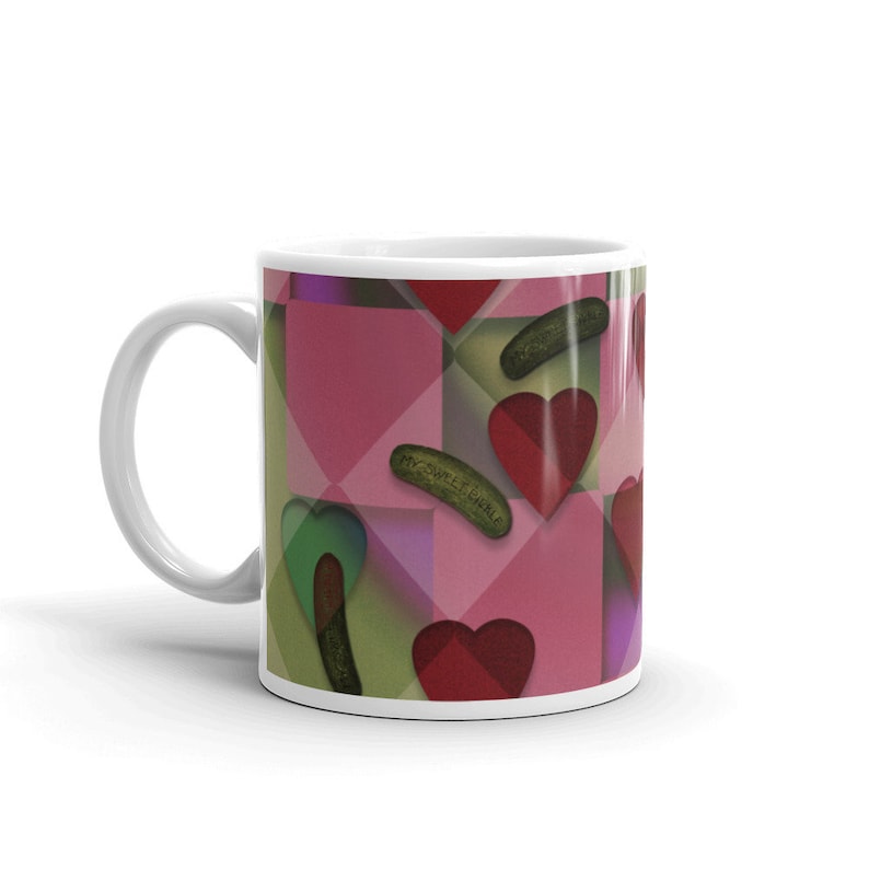 Pickle Mug, Valentine Mug, Heart Mug, Heart and Pickle Mug, Pickle and Heart Pattern Mug, 11 oz ceramic pink and green mug image 1