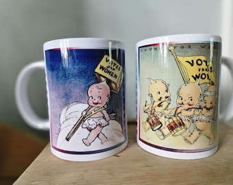 Whimsical Vintage Kewpie Art Mug, 15oz, 'Votes for Women' Mugs in Kewpie Blue or Yellow Design