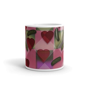 Pickle Mug, Valentine Mug, Heart Mug, Heart and Pickle Mug, Pickle and Heart Pattern Mug, 11 oz ceramic pink and green mug image 2