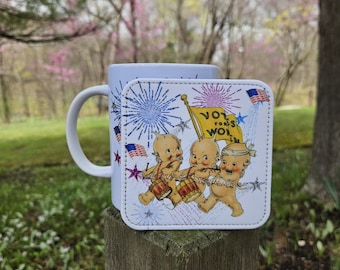 Patriotic Kewpie Mug And Coaster Set , Kewpie in Red White and Blue with Flags and Fireworks Design Gift Set