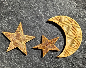 Mystic Wooden Moon and Stars Wall Art, Craft Embellishments