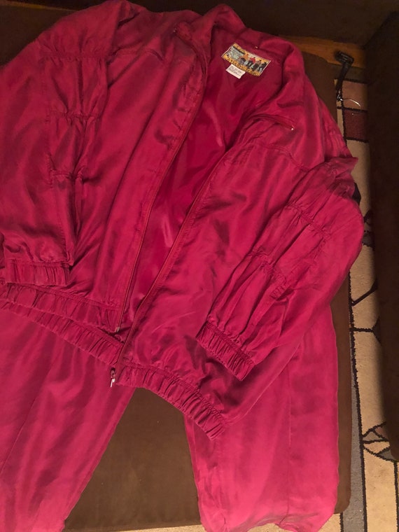 Vtg Silk Jogging set Burgundy Jacket Pants Suit b… - image 4