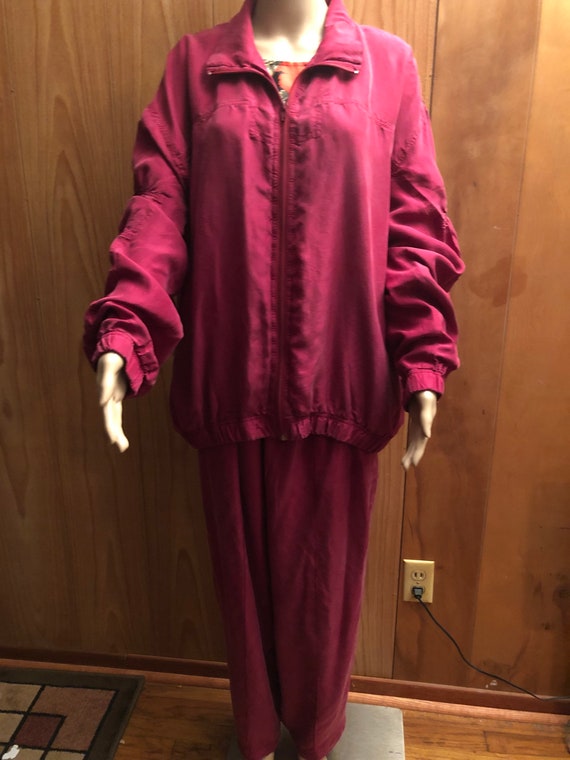 Vtg Silk Jogging set Burgundy Jacket Pants Suit b… - image 1