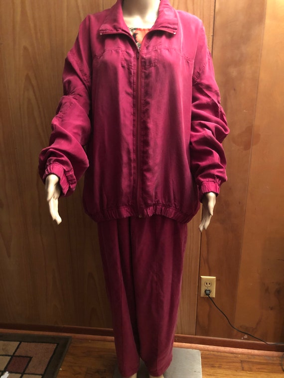 Vtg Silk Jogging set Burgundy Jacket Pants Suit b… - image 3