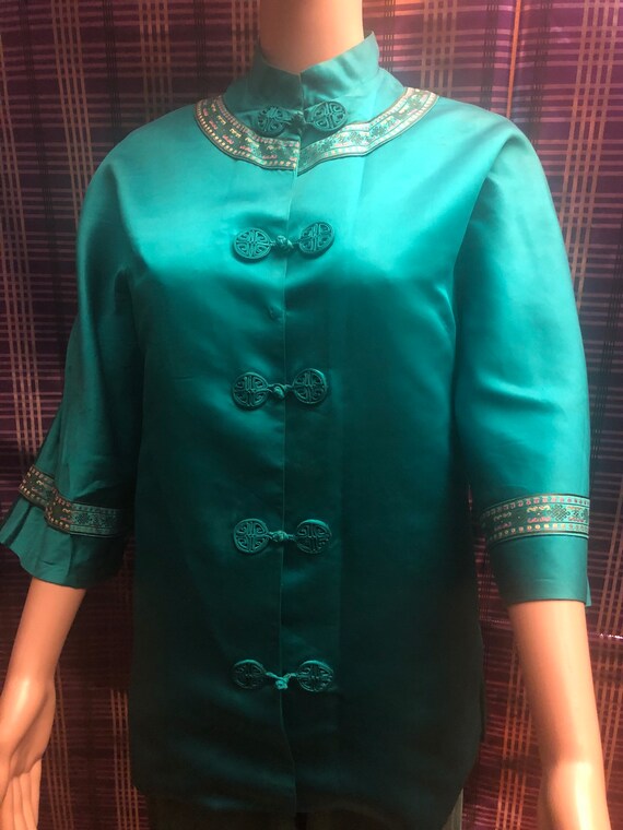 VTG Jacket oriental style Lounge Bed coat Emerald 