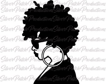 May include: A black and white silhouette of a woman with an afro hairstyle wearing sunglasses and large hoop earrings. The woman is facing to the side and has a serious expression.