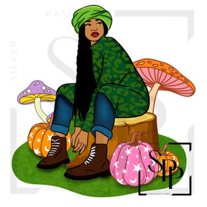 UV DTF sticker herfst mooie zwarte vrouw paddestoelen boomstronk vreedzame print klaar voor het aanbrengen van permanente zelfklevende cups telefoon gevallen glazen auto's