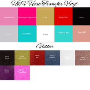 Puede incluir: Una tabla de colores de vinilo de transferencia de calor en varios colores, incluyendo chicle, frambuesa fluorescente, oro, rojo brillante, negro, plata, azul playa, blanco, azul caribe, oro rosa, brillo negro, brillo oro confeti, brillo rojo, brillo azul viejo, brillo blanco y brillo oro rosa.