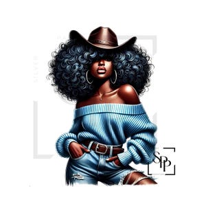 UV-DTF Mooie zwarte cowgirl blauwe trui handen in de zakken klaar om aan te brengen permanent zelfklevende sticker bekers telefoon bril auto's tijdschriften