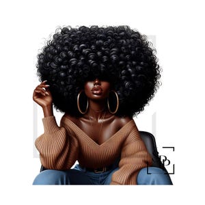 UV-DTF Mooie Afro-Amerikaanse vrouw Trui met krullend haar V-hals Klaar om aan te brengen Permanente zelfklevende sticker Kopjes Telefoon Bril Auto's Tijdschriften