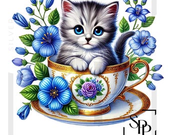 UV DTF Coquette Gray Cat In Tea Cup Blue Flowers Print Ready to Apply Permanent Adhesive Sticker Cups Phone Cases Glasses Cars