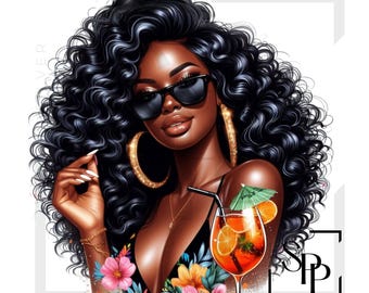 UV DTF Black Woman Luxury Soft Life Tropical Drink Print Ready to Apply Permanent Adhesive Sticker Cups Phone Cases Glasses Cars