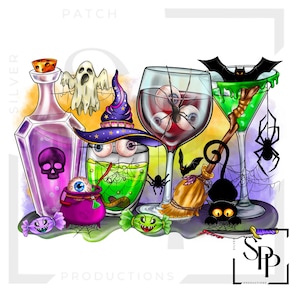 May include: A Halloween-themed illustration featuring a witch's hat, a potion bottle, a cauldron, a ghost, a black cat, and four glasses filled with red and green liquids. The glasses are decorated with eyeballs and cobwebs. The illustration is set against a background of yellow, orange, and purple.