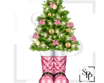 UV DTF Weihnachtsbaum in rosa Stiefeln Druck bereit, permanent klebende Aufkleber Tassen Handyhüllen Brillen Autos anzuwenden