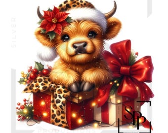 UV DTF Christmas Baby Highland Cow Gift Boxes Print Ready to Apply Permanent Adhesive Sticker Cups Phone Cases Glasses Cars