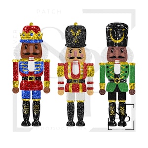 May include: Three glittery nutcracker figures in red, blue, and green uniforms. Each has a different hat and facial features. The nutcrackers are decorated with gold and black accents, and are set against a white background.