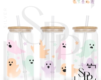Naklejka UV DTF Pastel Ghost Halloween Print Glass Can Wrap na szkło 16 uncji gotowa do nałożenia kleju trwałego